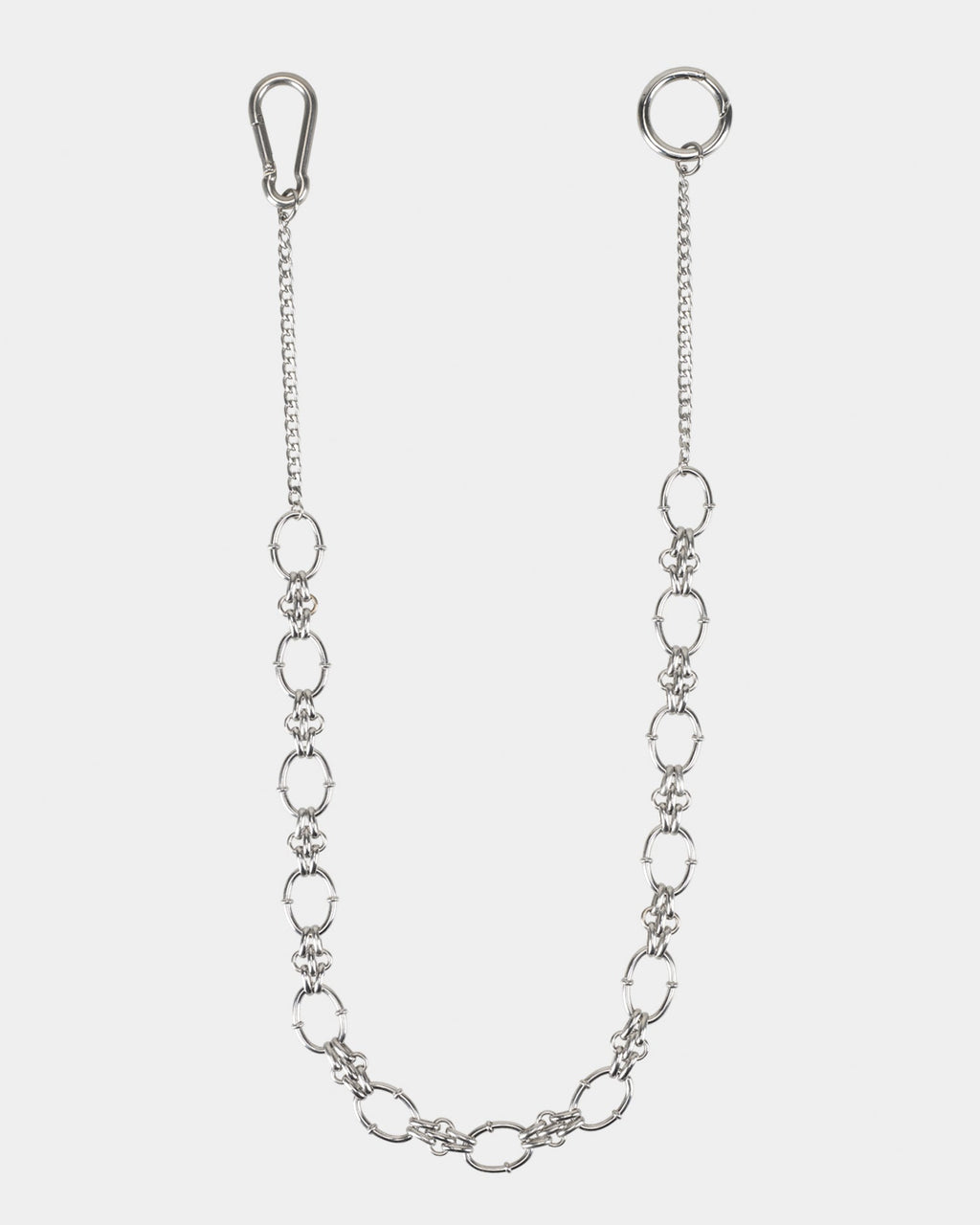 A silver stainless steel pant chain with a simple interlinked design.