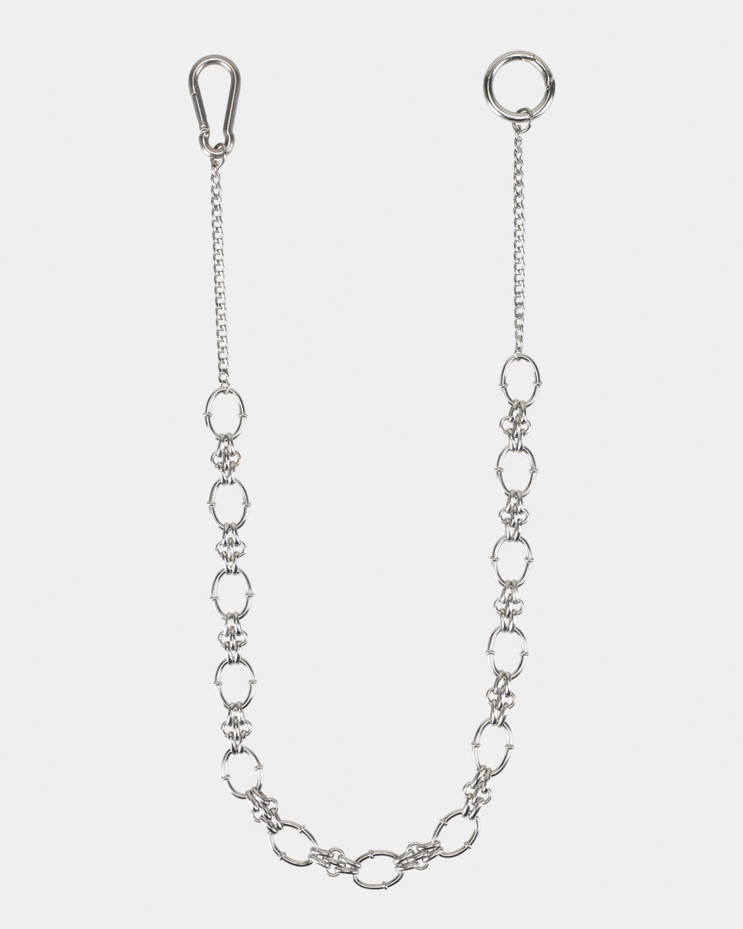 A silver stainless steel pant chain with a simple interlinked design.