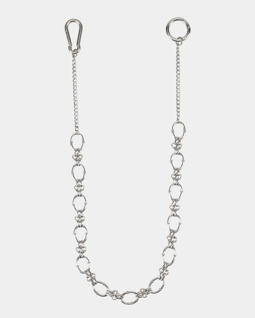 A silver stainless steel pant chain with a simple interlinked design.