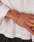 Close-up of a wrist wearing golden bracelets with a white shirt background