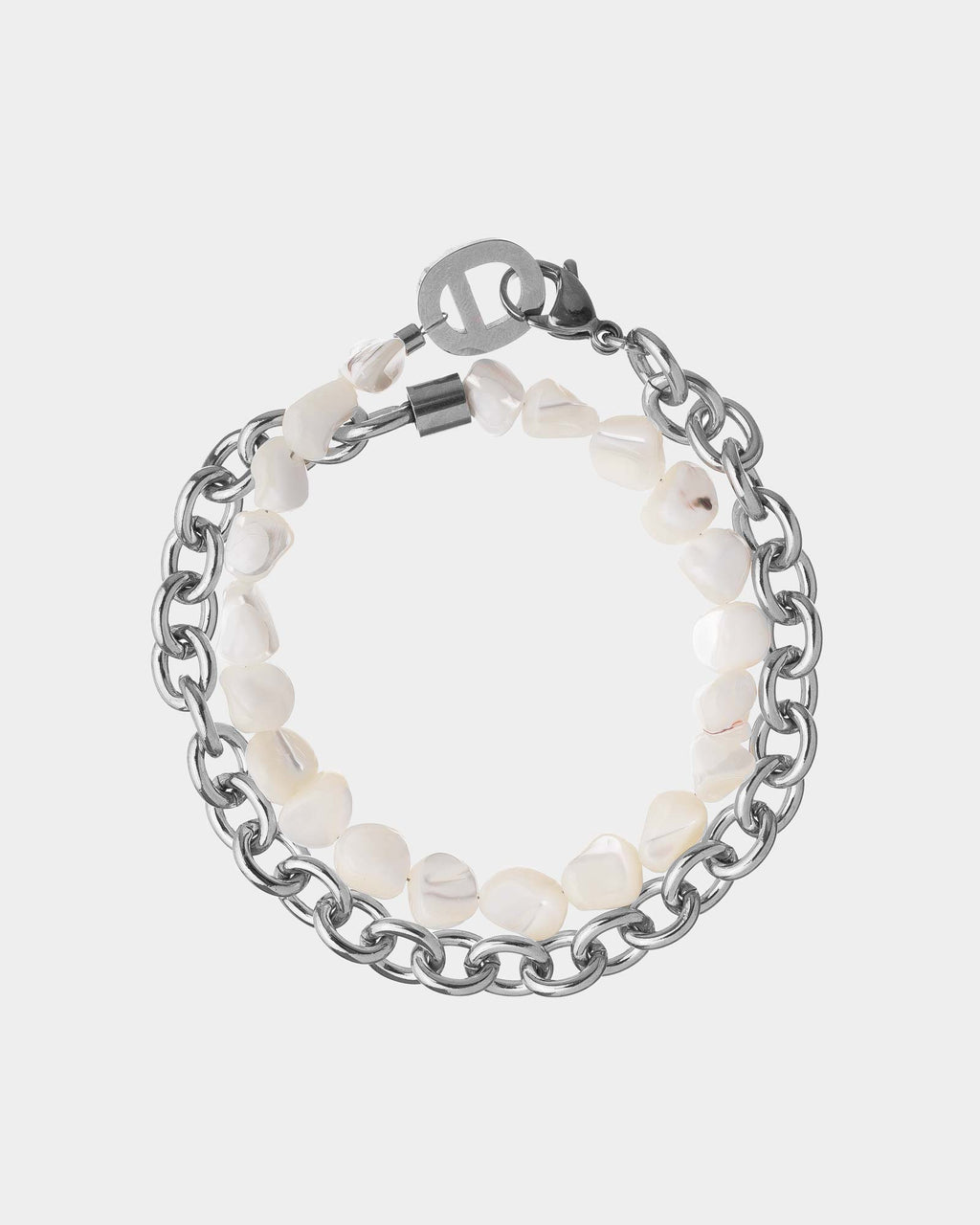 Bracelet with white beads and silver chain on a light gray background