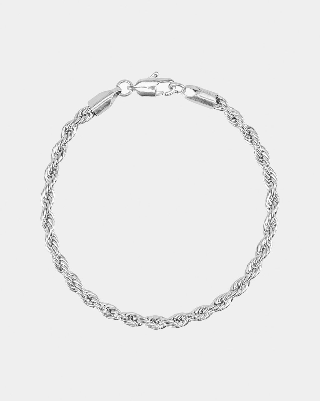 Silver rope chain bracelet in stainless steel on a white background