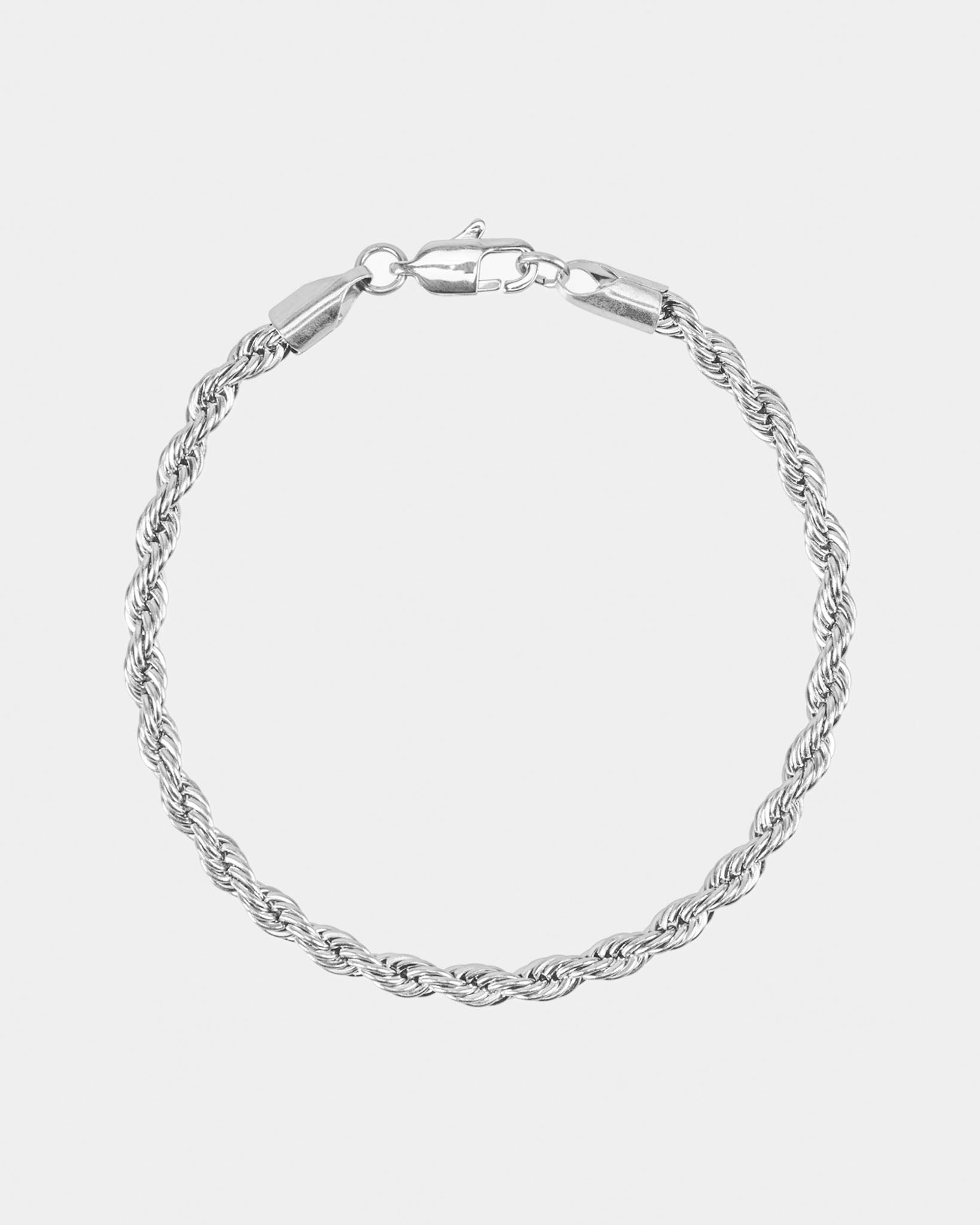 Silver rope chain bracelet in stainless steel on a white background