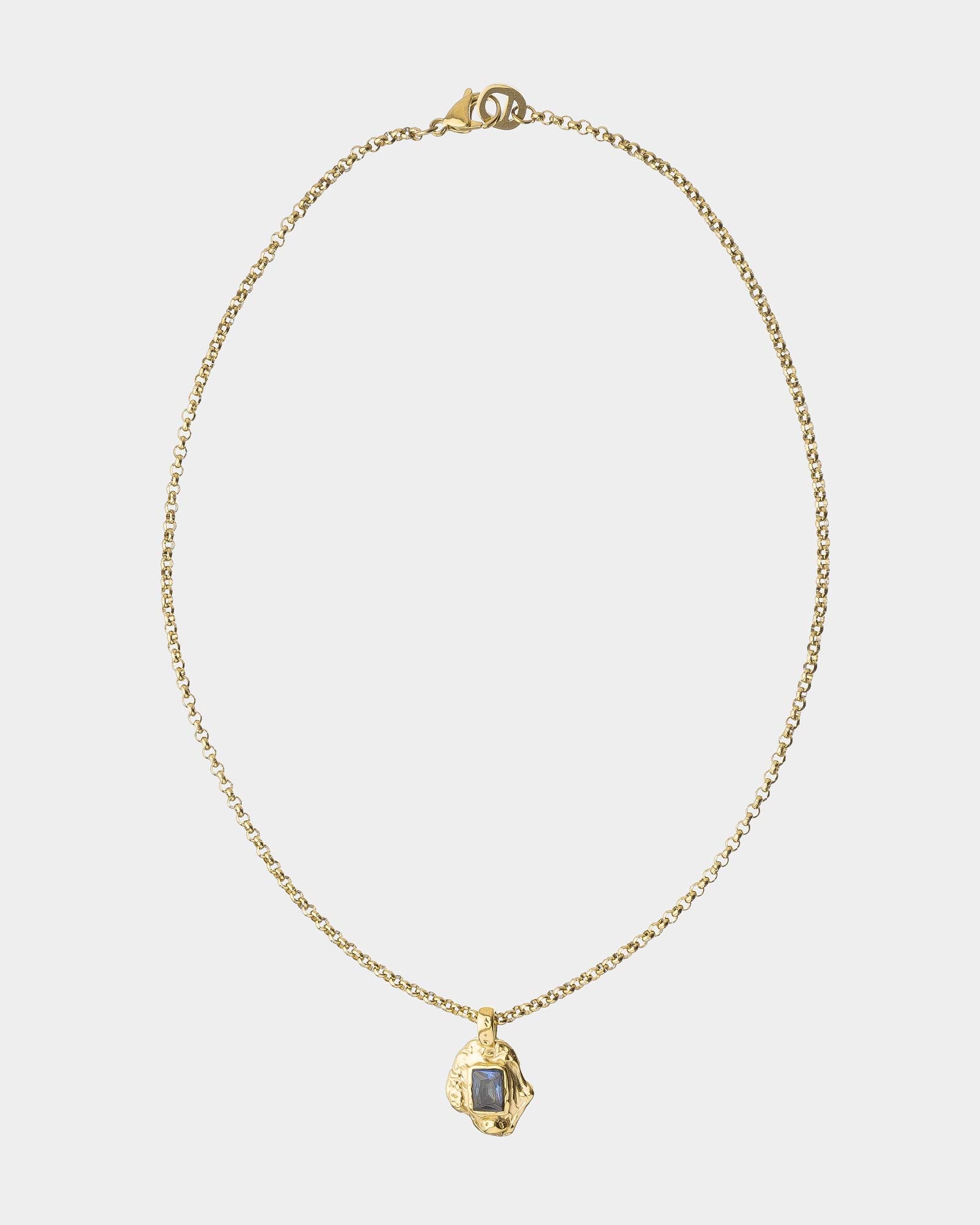 Gold necklace with a pendant on a light gray background