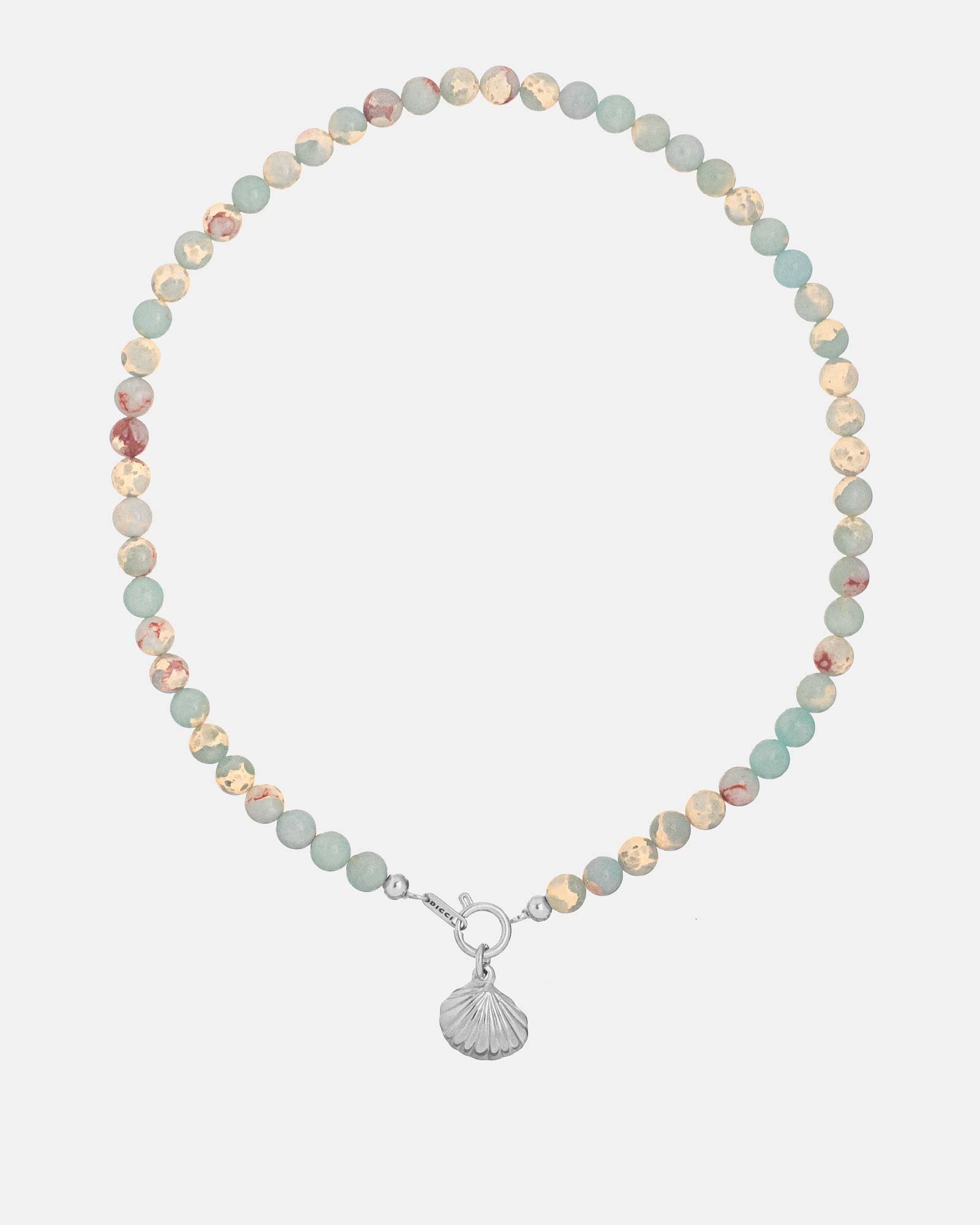 paradiso necklace with natural stones and a sea shell in silver steel