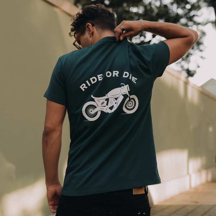 model with dicci t-shirts in green jersey with white stamp ride or die