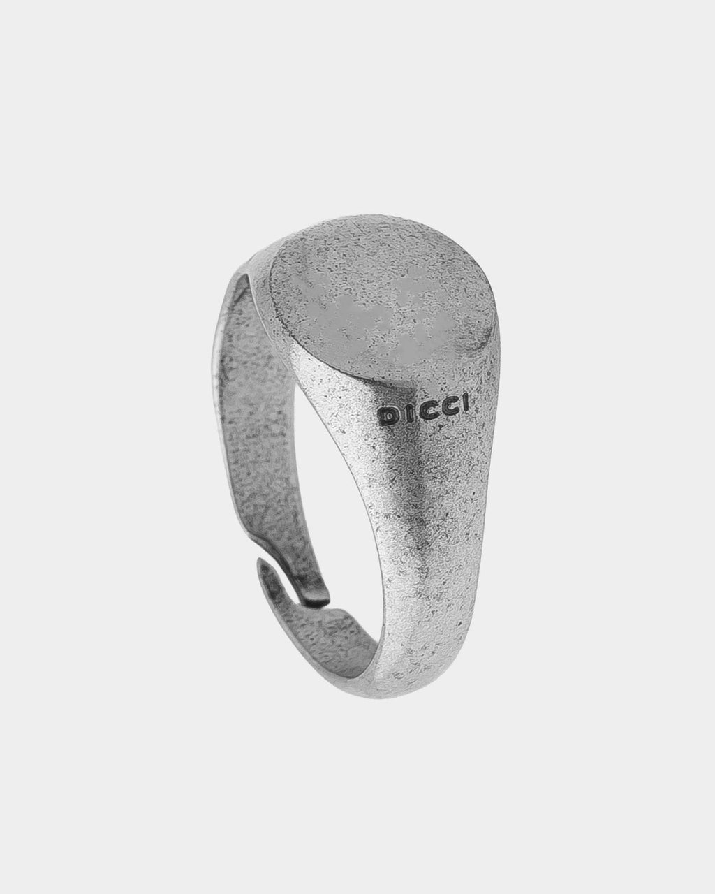 Signet ring in stainless steel with silver finish on a white background