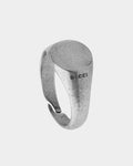 Signet ring in stainless steel with silver finish on a white background