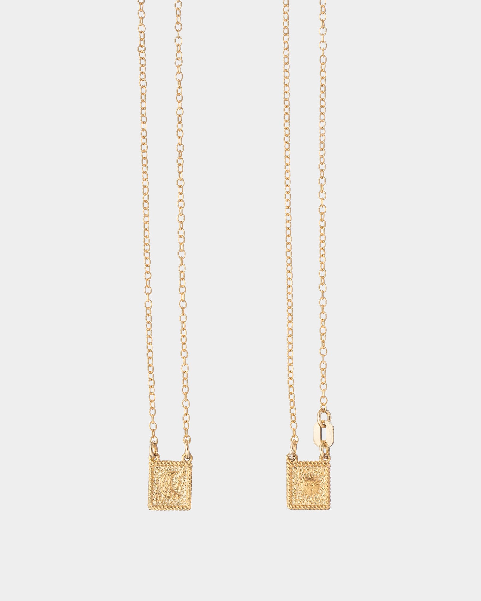 Golden - Two gold chain necklaces with textured square pendant charms, displayed against a light gray background.