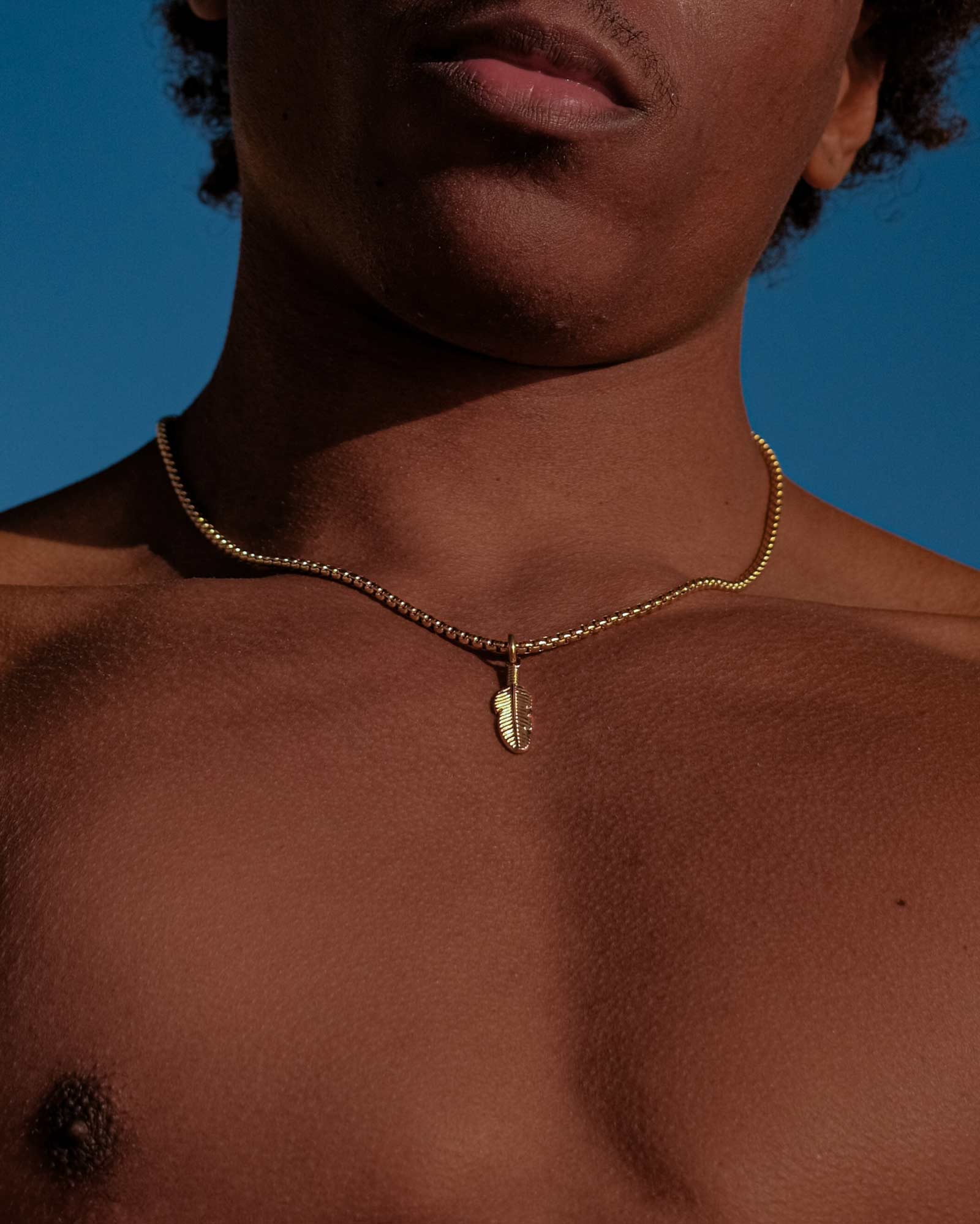 Plume - Collar Plume de acero inoxidable dorado con colgante de pluma en el cuello del modelo - collares con colgante - joyería unisexo online - Dicci