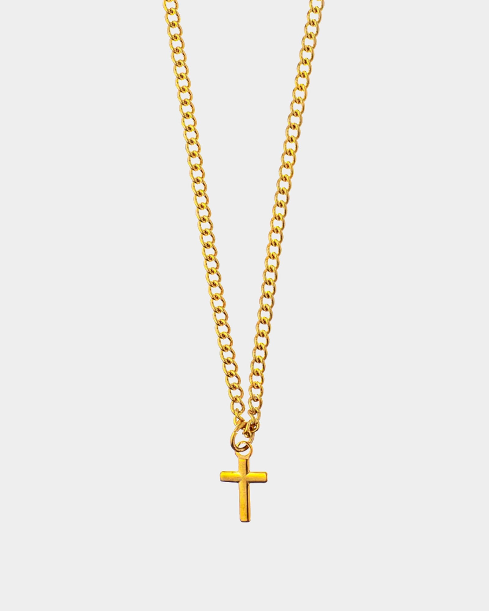Caprera Golden Necklace with gold cross pendant on curb chain, handmade stainless steel jewelry