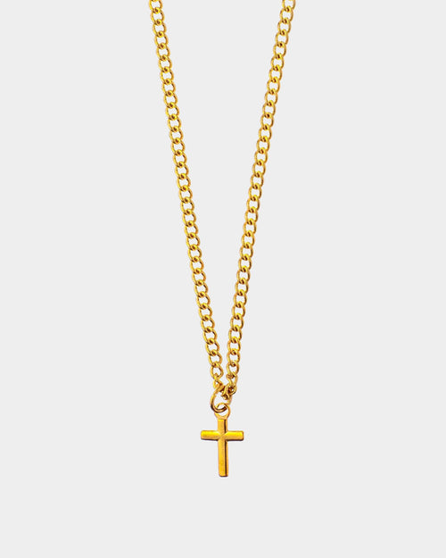 Caprera Golden Necklace with gold cross pendant on curb chain, handmade stainless steel jewelry