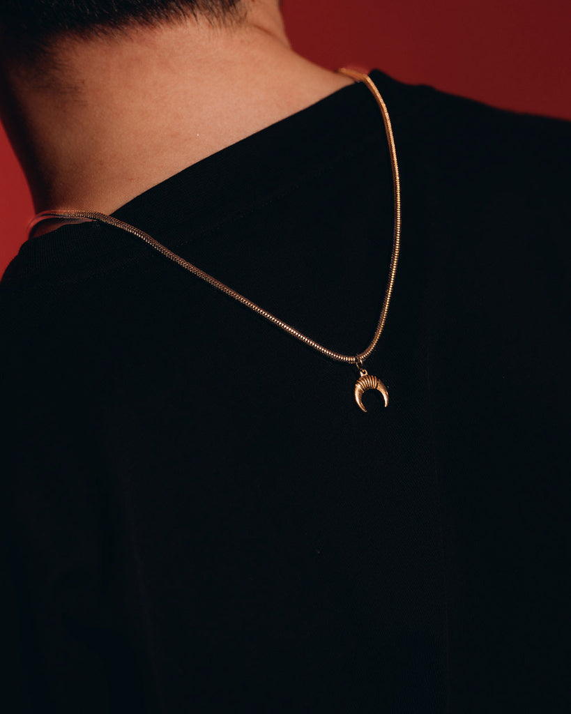 Horns - Golden Stainless Steel Necklace - Belize golden stainless steel chain and a one horn pendant on the models neck - Online Unissex Jewelry - Dicci