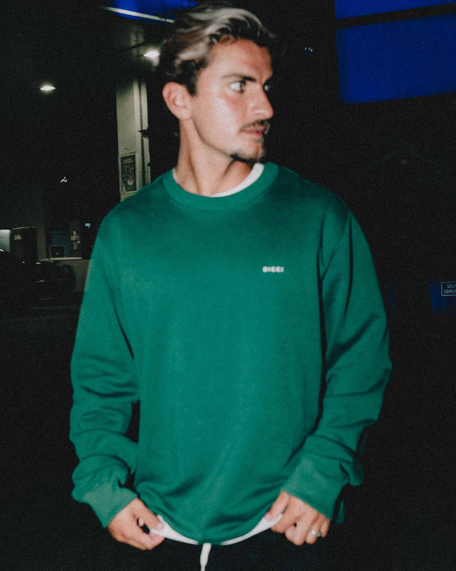 Green Sweatshirt with Logo Stamped - Basic Sweatshirt on the models body - Online Unissex Clothing - Dicci