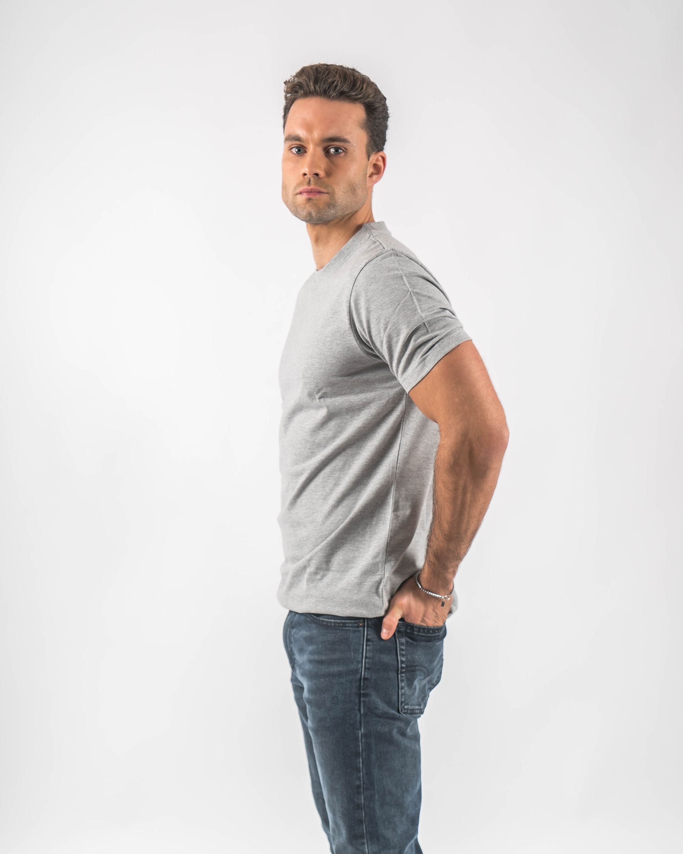 T-shirt básica cinza - T-shirt regular básica no corpo do modelo - Roupas Online - DICCI