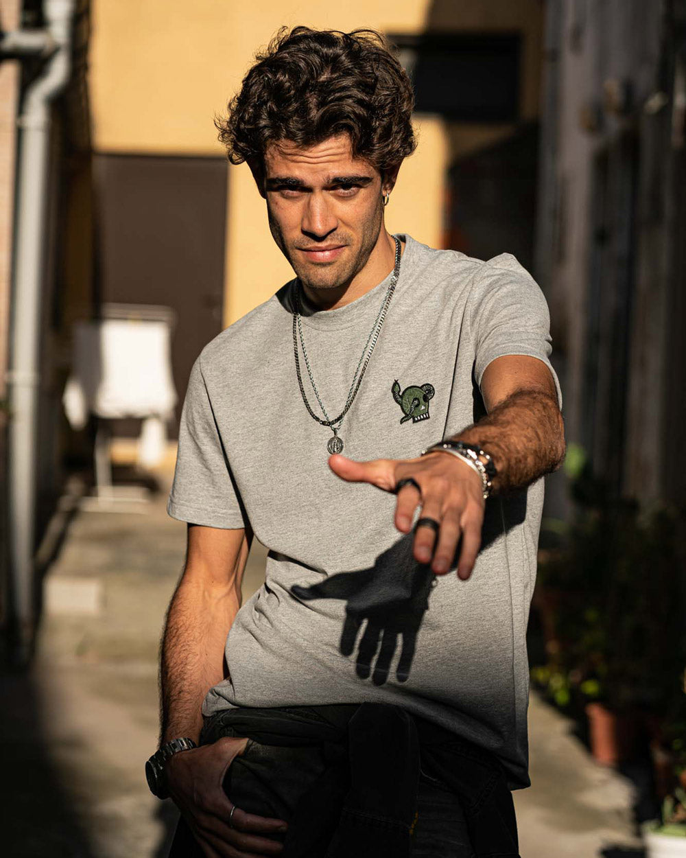 Grey t-shirt with skull embroided for men