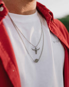 Stainless Steel Scapular - St. Benedict Scapular on the models neck - Online Unissex Jewelry - Dicci