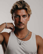 silver Stainless Steel Necklace Snake Chain on the models neck - Online unissex jewelry Dicci