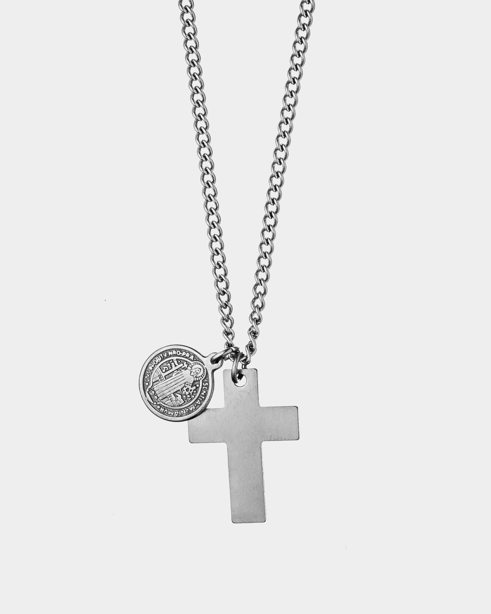 Mykonos - Stainless Steel Necklace - Cross and St. Benedict's Pendants - Online Unissex Jewelry - Dicci